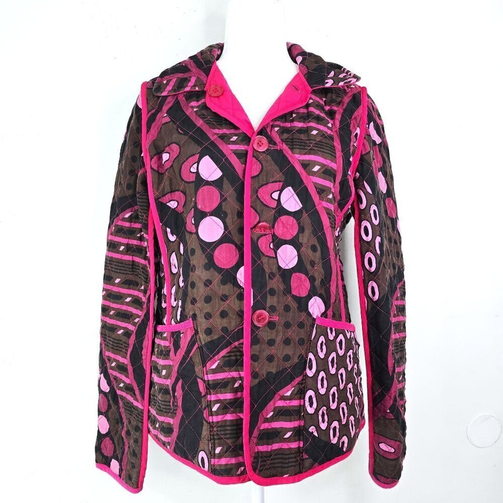 Women's Pink Brown Thick Quilted Retro Print Tapestry Reversible Jacket